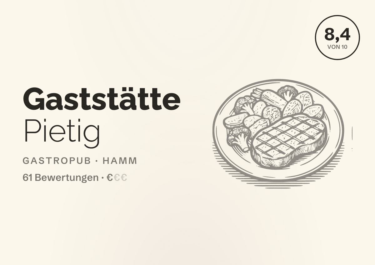 Illustriertes Poster von Gaststätte Pietig, Gastropub in Hamm: Bewertung 8,4 von 10 aus 61 Bewertungen, Preisniveau €