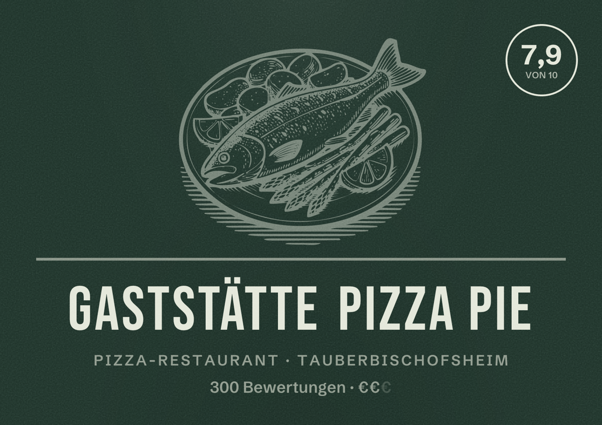 Illustriertes Poster von Gaststätte Pizza Pie, Pizza-Restaurant in Tauberbischofsheim: Bewertung 7,9 von 10 aus 300 Bewertungen, Preisniveau €€
