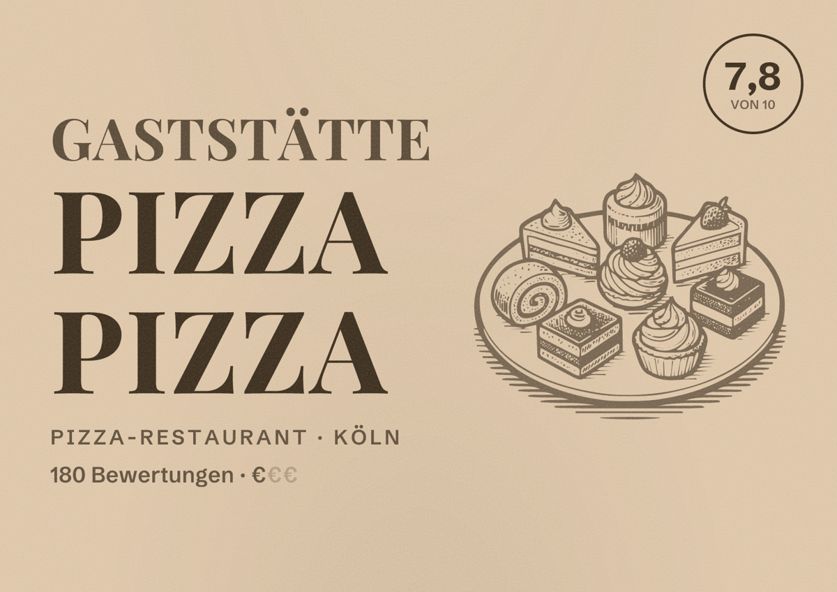 Illustriertes Poster von Gaststätte Pizza Pizza, Pizza-Restaurant in Köln: Bewertung 7,8 von 10 aus 180 Bewertungen, Preisniveau €