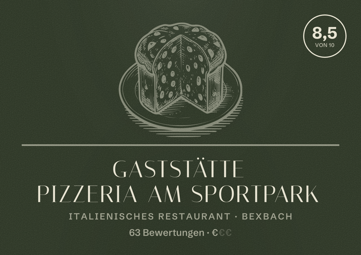 Illustriertes Poster von Gaststätte Pizzeria am Sportpark, Italienisches Restaurant in Bexbach: Bewertung 8,5 von 10 aus 63 Bewertungen, Preisniveau €