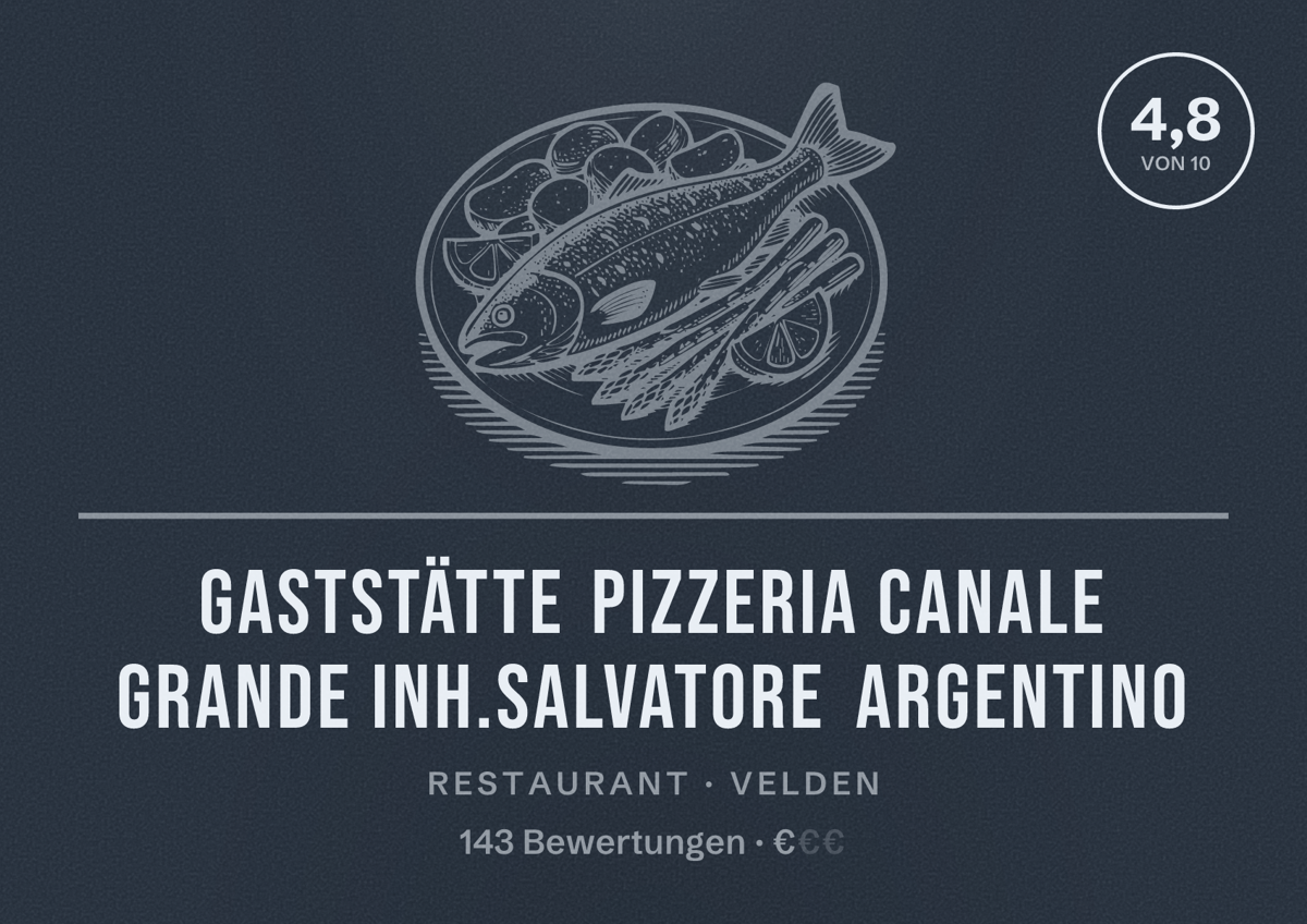 Illustriertes Poster von Gaststätte Pizzeria Canale Grande Inh.Salvatore Argentino, Restaurant in Velden: Bewertung 4,8 von 10 aus 143 Bewertungen, Preisniveau €