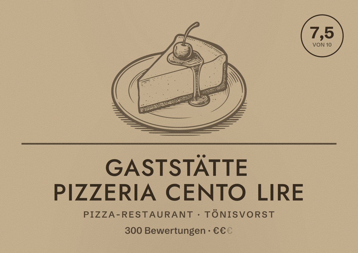 Illustriertes Poster von Gaststätte Pizzeria Cento Lire, Pizza-Restaurant in Tönisvorst: Bewertung 7,5 von 10 aus 300 Bewertungen, Preisniveau €€