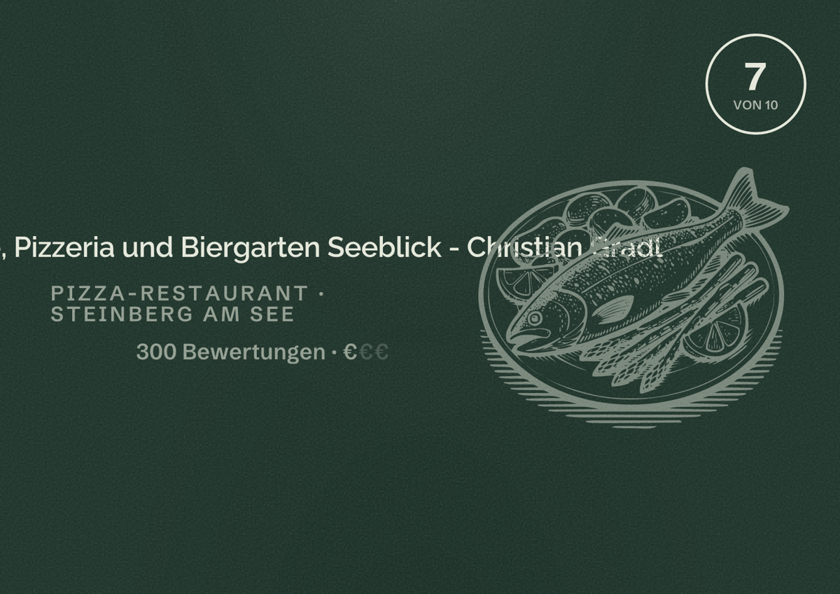 Illustriertes Poster von Gaststätte, Pizzeria und Biergarten Seeblick - Christian Gradl, Pizza-Restaurant in Steinberg am See: Bewertung 7 von 10 aus 300 Bewertungen, Preisniveau €