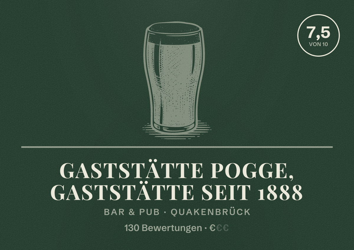 Illustriertes Poster von Gaststätte Pogge, Gaststätte seit 1888, Bar & Pub in Quakenbrück: Bewertung 7,5 von 10 aus 130 Bewertungen, Preisniveau €