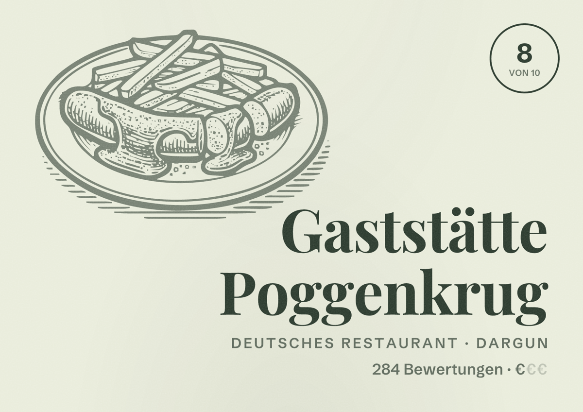 Illustriertes Poster von Gaststätte Poggenkrug, Deutsches Restaurant in Dargun: Bewertung 8 von 10 aus 284 Bewertungen, Preisniveau €