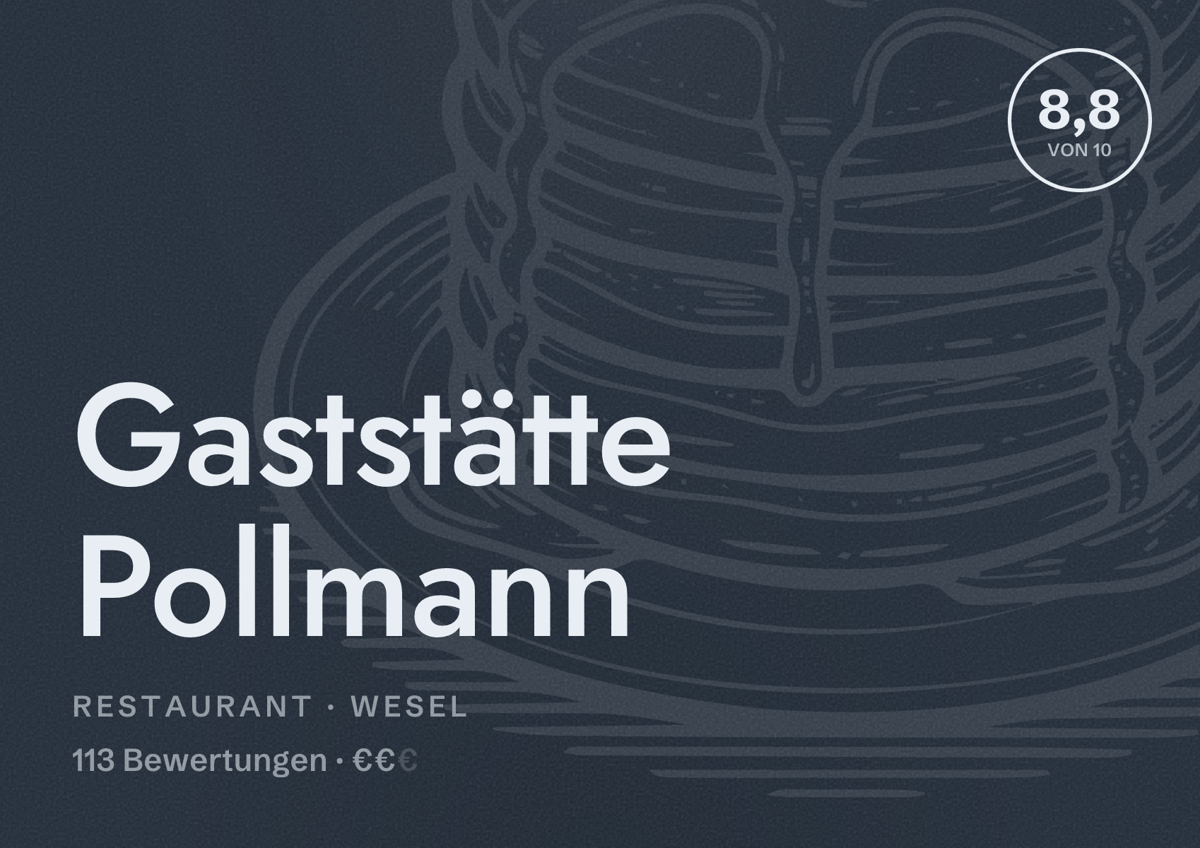 Illustriertes Poster von Gaststätte Pollmann, Restaurant in Wesel: Bewertung 8,8 von 10 aus 113 Bewertungen, Preisniveau €€