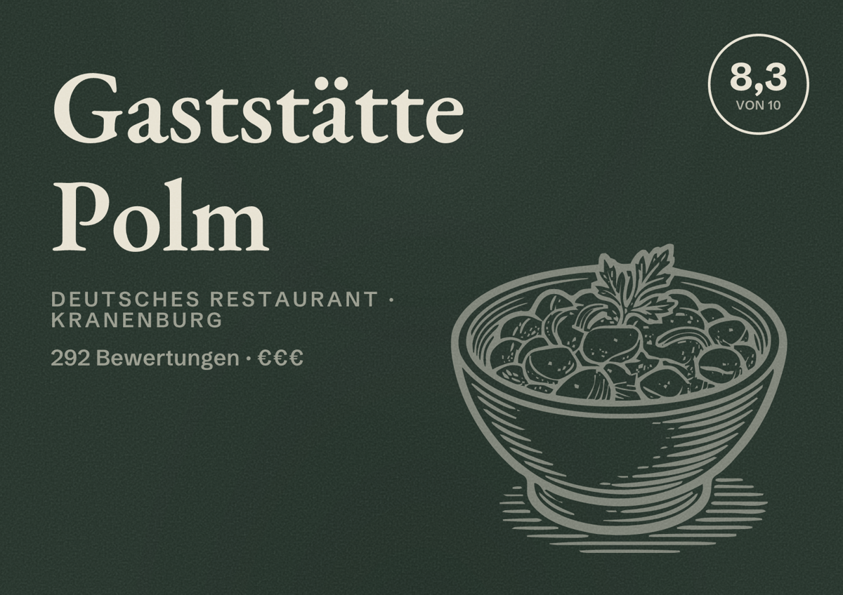 Illustriertes Poster von Gaststätte Polm, Deutsches Restaurant in Kranenburg: Bewertung 8,3 von 10 aus 292 Bewertungen, Preisniveau €€€