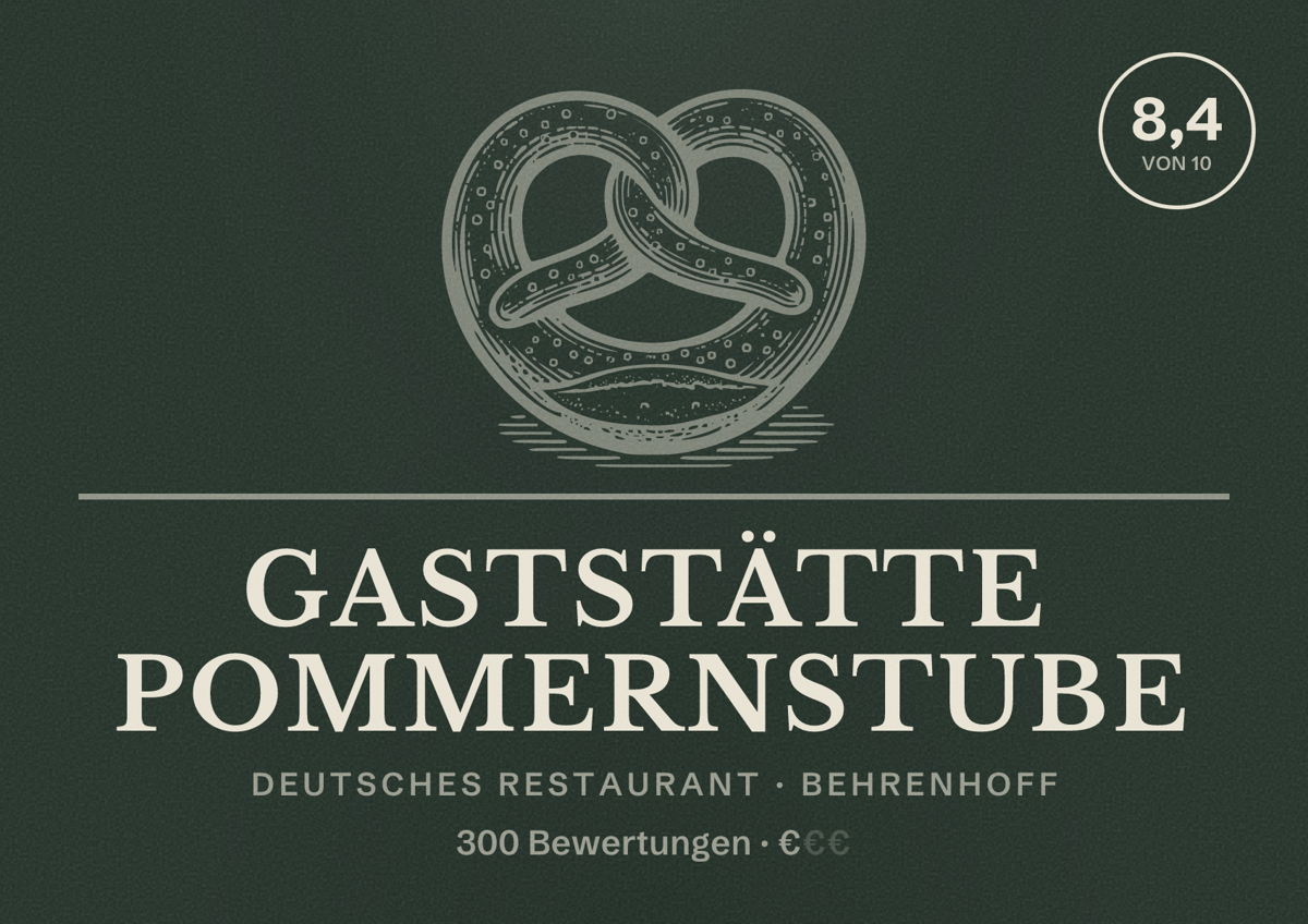 Illustriertes Poster von Gaststätte Pommernstube, Deutsches Restaurant in Behrenhoff: Bewertung 8,4 von 10 aus 300 Bewertungen, Preisniveau €