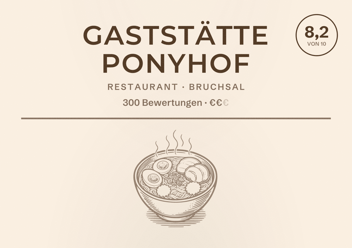 Illustriertes Poster von Gaststätte Ponyhof, Restaurant in Bruchsal: Bewertung 8,2 von 10 aus 300 Bewertungen, Preisniveau €€