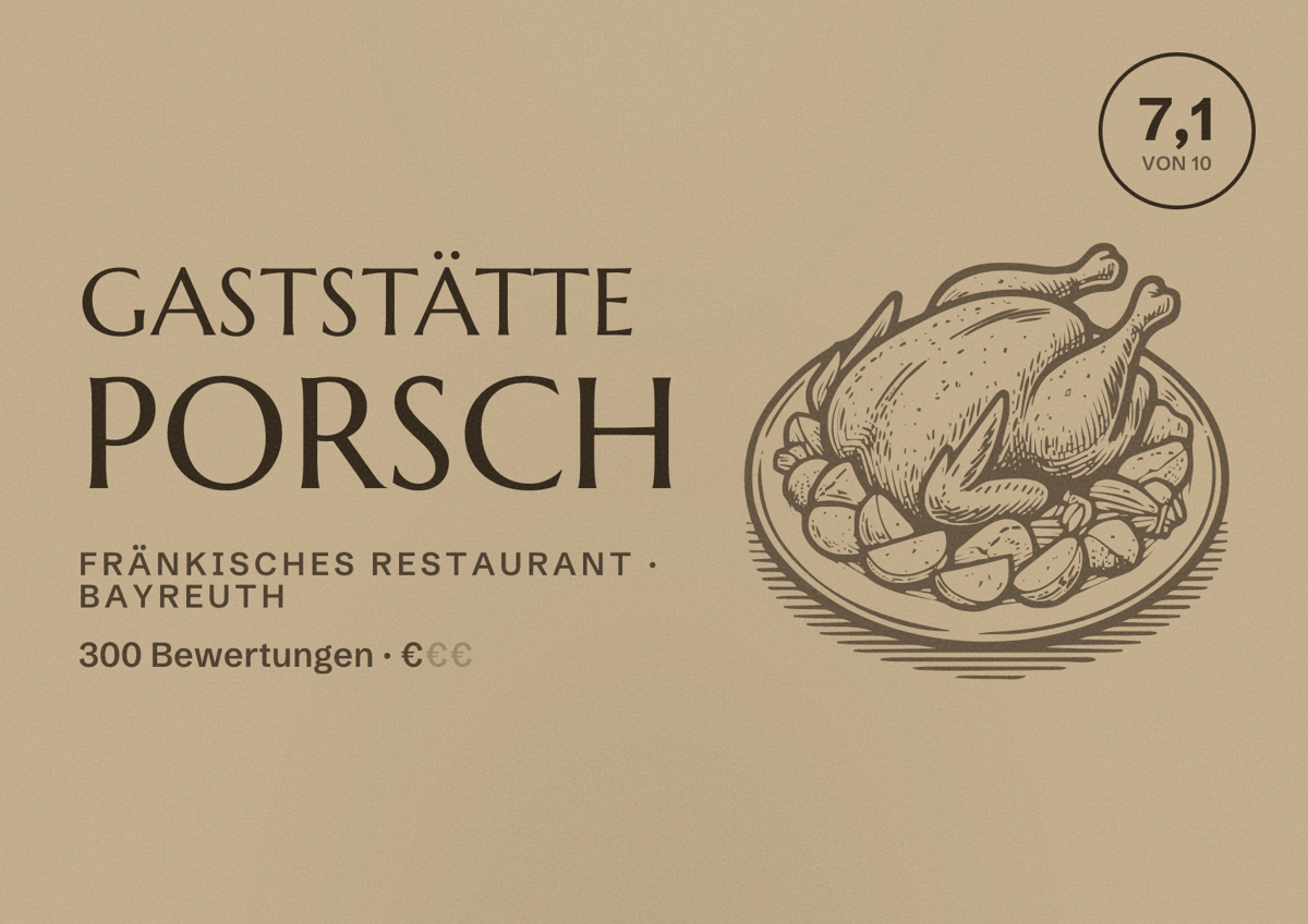 Illustriertes Poster von Gaststätte Porsch, Fränkisches Restaurant in Bayreuth: Bewertung 7,1 von 10 aus 300 Bewertungen, Preisniveau €