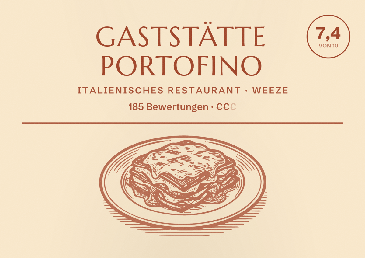 Illustriertes Poster von Gaststätte Portofino, Italienisches Restaurant in Weeze: Bewertung 7,4 von 10 aus 185 Bewertungen, Preisniveau €€