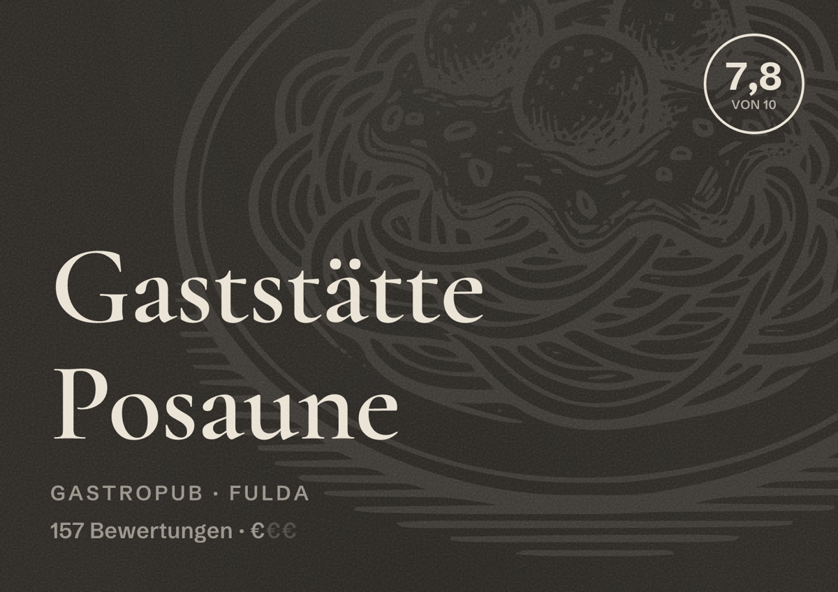 Illustriertes Poster von Gaststätte Posaune, Gastropub in Fulda: Bewertung 7,8 von 10 aus 157 Bewertungen, Preisniveau €
