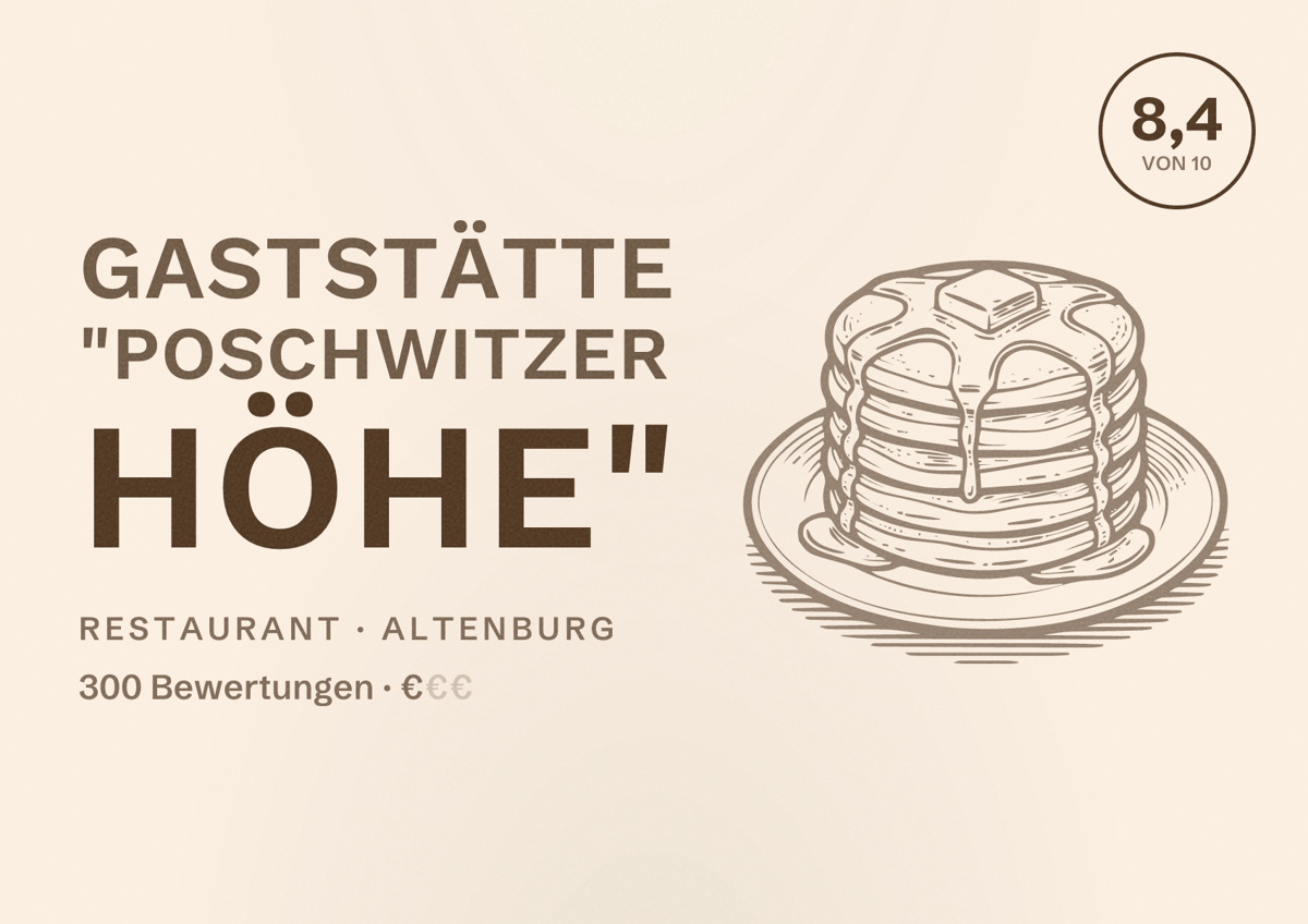 Illustriertes Poster von Gaststätte "Poschwitzer Höhe", Restaurant in Altenburg: Bewertung 8,4 von 10 aus 300 Bewertungen, Preisniveau €