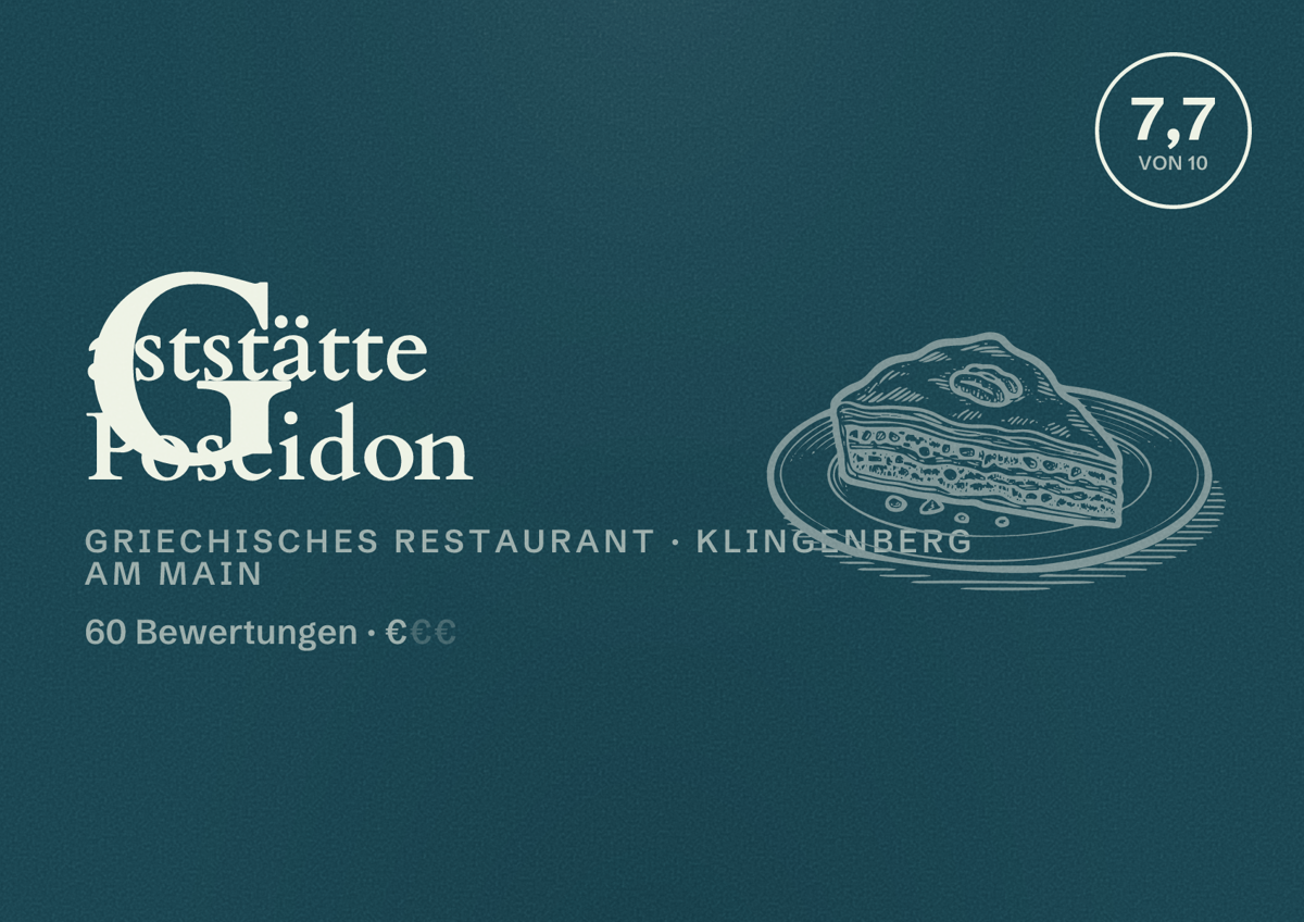 Illustriertes Poster von Gaststätte Poseidon, Griechisches Restaurant in Klingenberg am Main: Bewertung 7,7 von 10 aus 60 Bewertungen, Preisniveau €