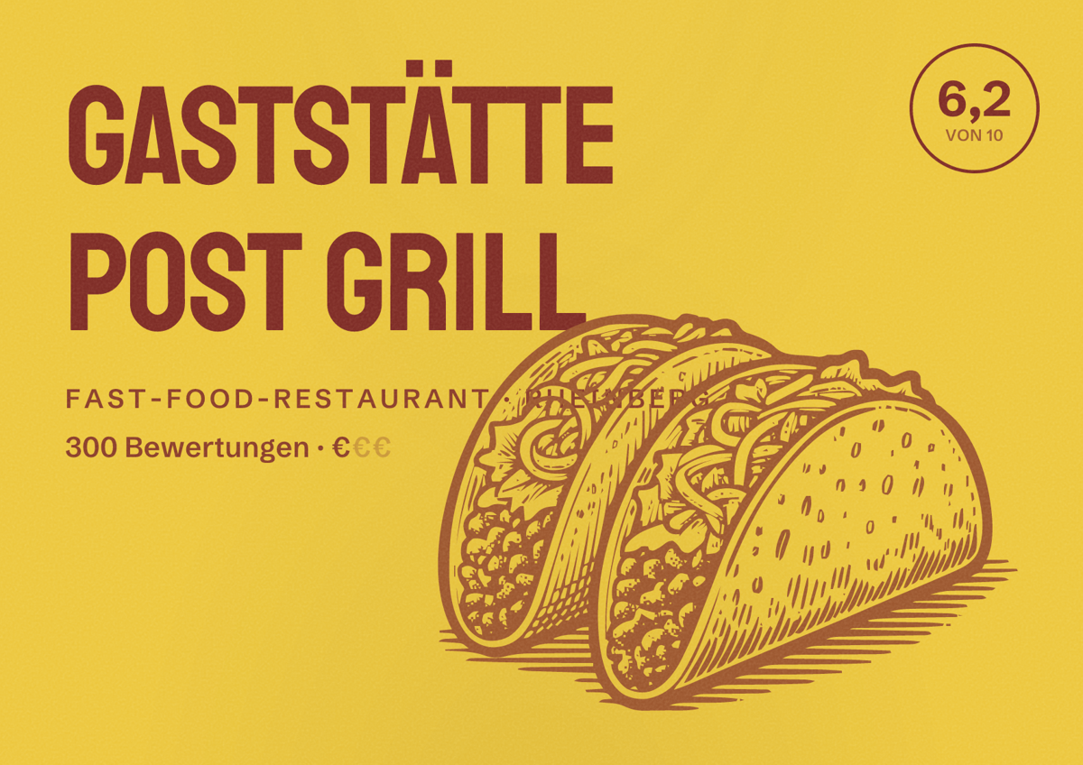 Illustriertes Poster von Gaststätte Post Grill, Fast-Food-Restaurant in Rheinberg: Bewertung 6,2 von 10 aus 300 Bewertungen, Preisniveau €