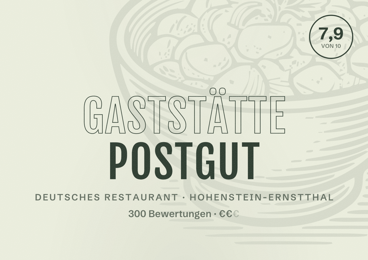 Illustriertes Poster von Gaststätte Postgut, Deutsches Restaurant in Hohenstein-Ernstthal: Bewertung 7,9 von 10 aus 300 Bewertungen, Preisniveau €€