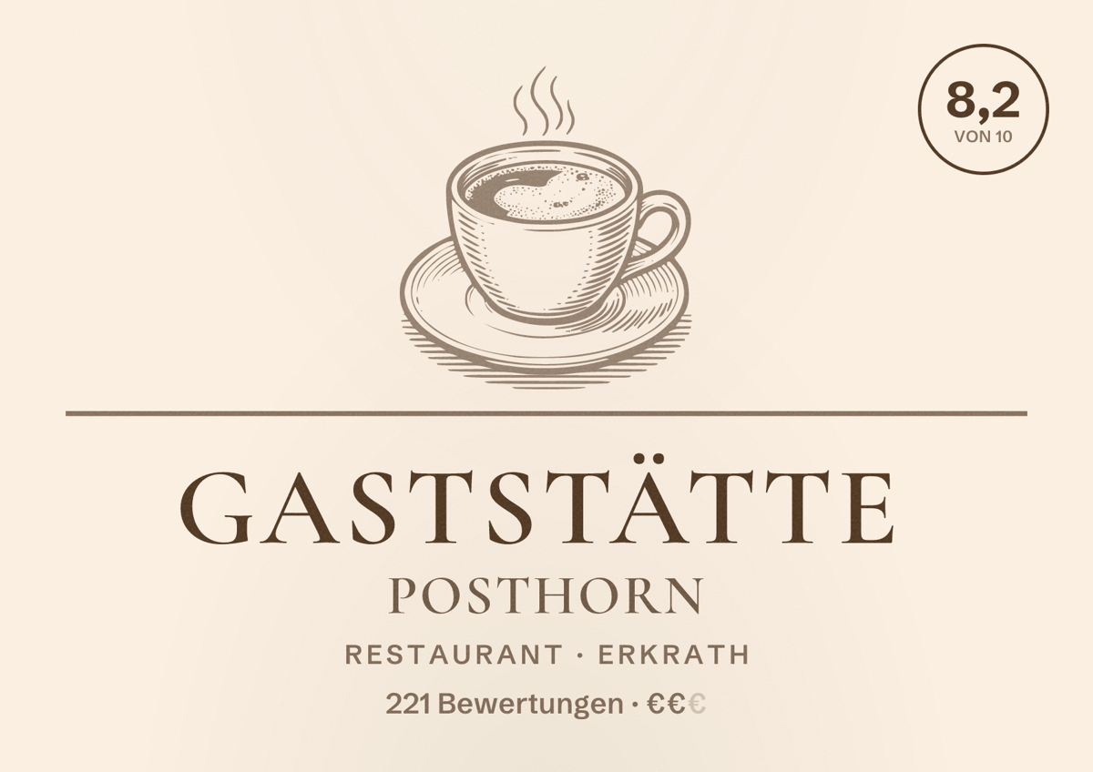 Illustriertes Poster von Gaststätte Posthorn, Restaurant in Erkrath: Bewertung 8,2 von 10 aus 221 Bewertungen, Preisniveau €€