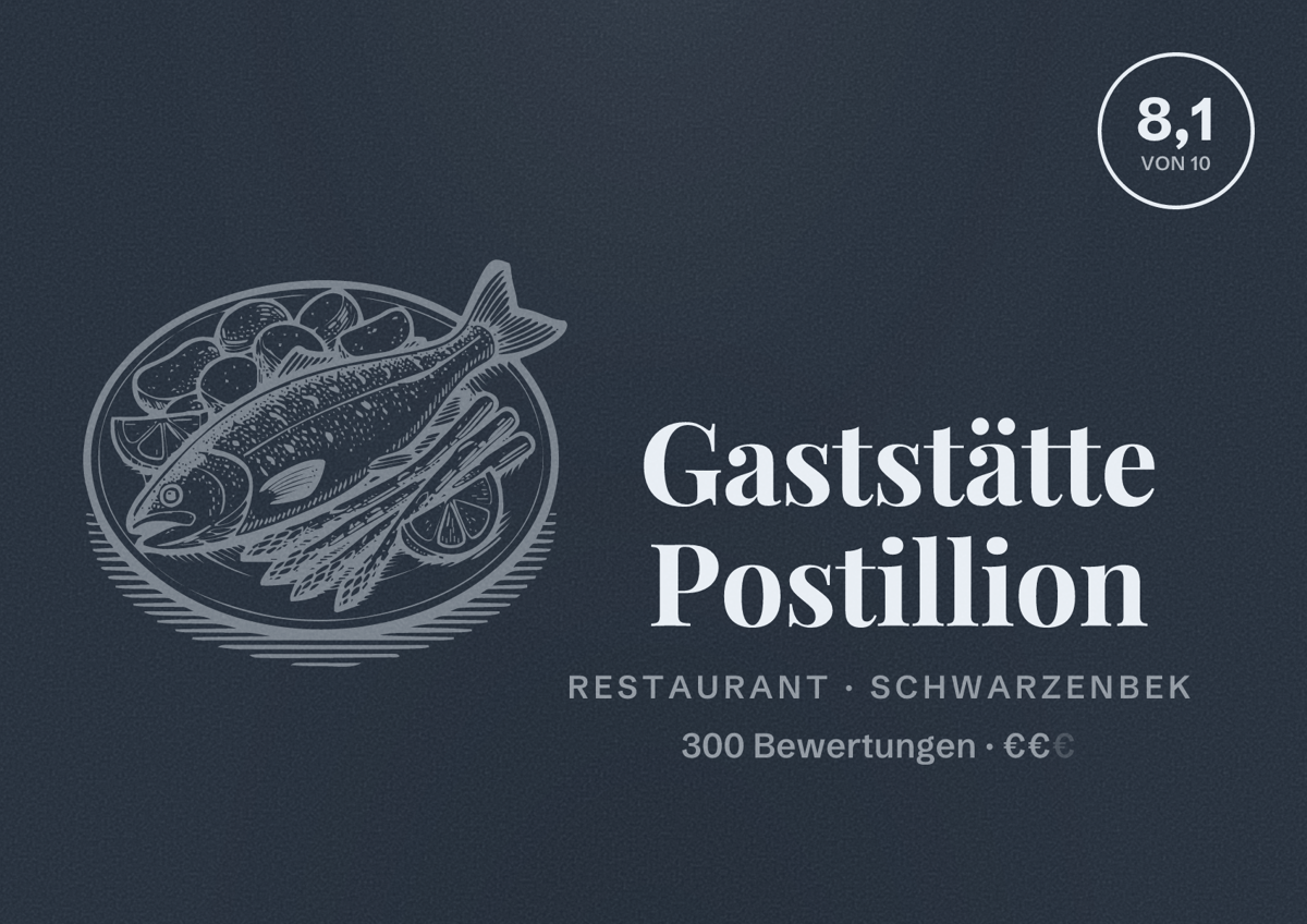 Illustriertes Poster von Gaststätte Postillion, Restaurant in Schwarzenbek: Bewertung 8,1 von 10 aus 300 Bewertungen, Preisniveau €€