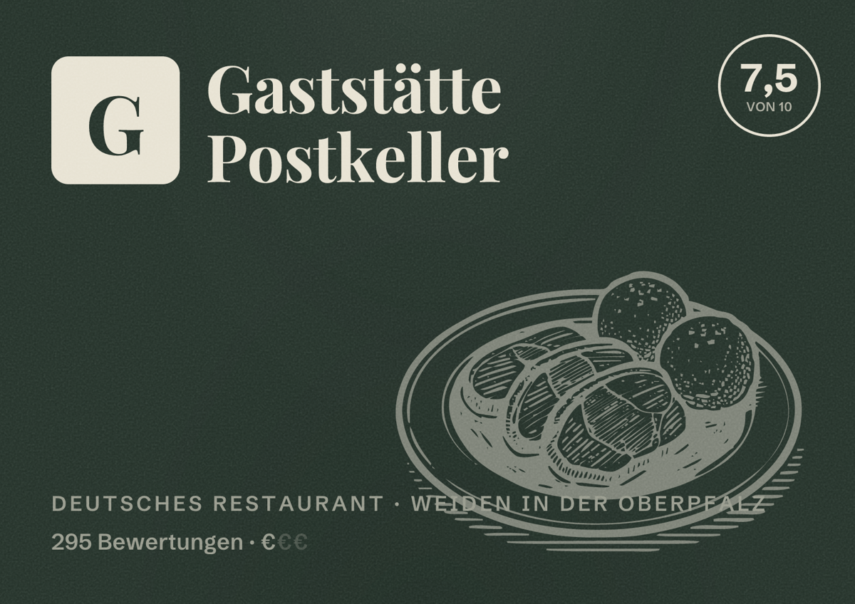 Illustriertes Poster von Gaststätte Postkeller, Deutsches Restaurant in Weiden in der Oberpfalz: Bewertung 7,5 von 10 aus 295 Bewertungen, Preisniveau €