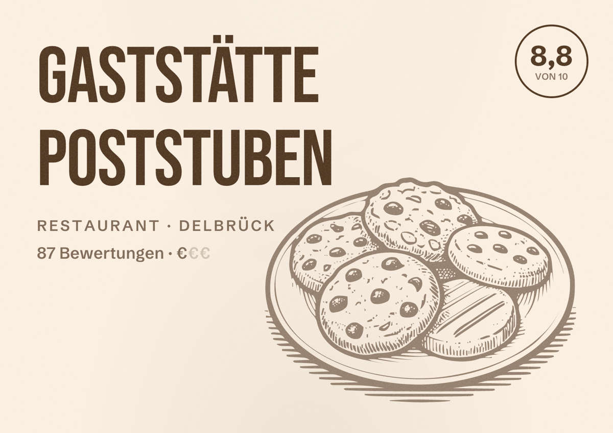 Illustriertes Poster von Gaststätte Poststuben, Restaurant in Delbrück: Bewertung 8,8 von 10 aus 87 Bewertungen, Preisniveau €