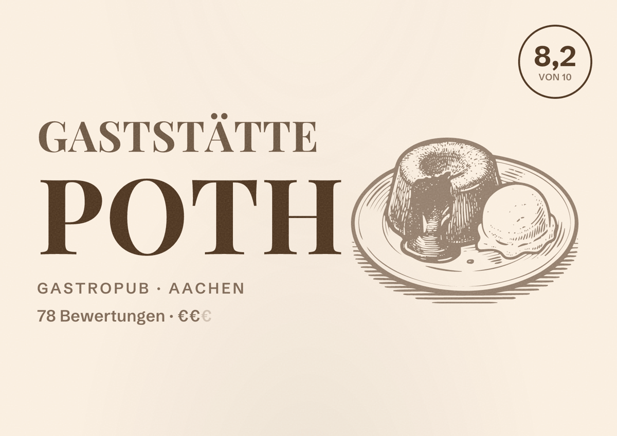 Illustriertes Poster von Gaststätte Poth, Gastropub in Aachen: Bewertung 8,2 von 10 aus 78 Bewertungen, Preisniveau €€