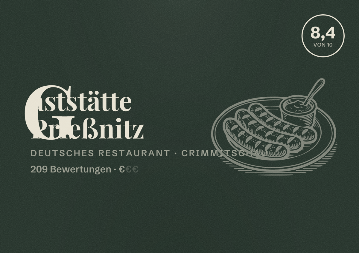 Illustriertes Poster von Gaststätte Prießnitz, Deutsches Restaurant in Crimmitschau: Bewertung 8,4 von 10 aus 209 Bewertungen, Preisniveau €