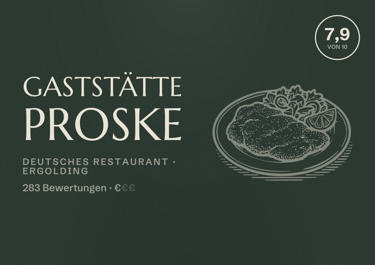 Illustriertes Poster von Gaststätte Proske, Deutsches Restaurant in Ergolding: Bewertung 7,9 von 10 aus 283 Bewertungen, Preisniveau €