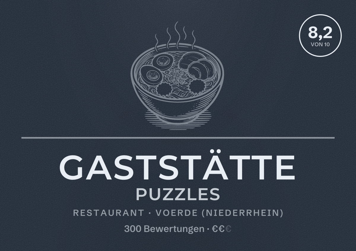 Illustriertes Poster von Gaststätte Puzzles, Restaurant in Voerde (Niederrhein): Bewertung 8,2 von 10 aus 300 Bewertungen, Preisniveau €€