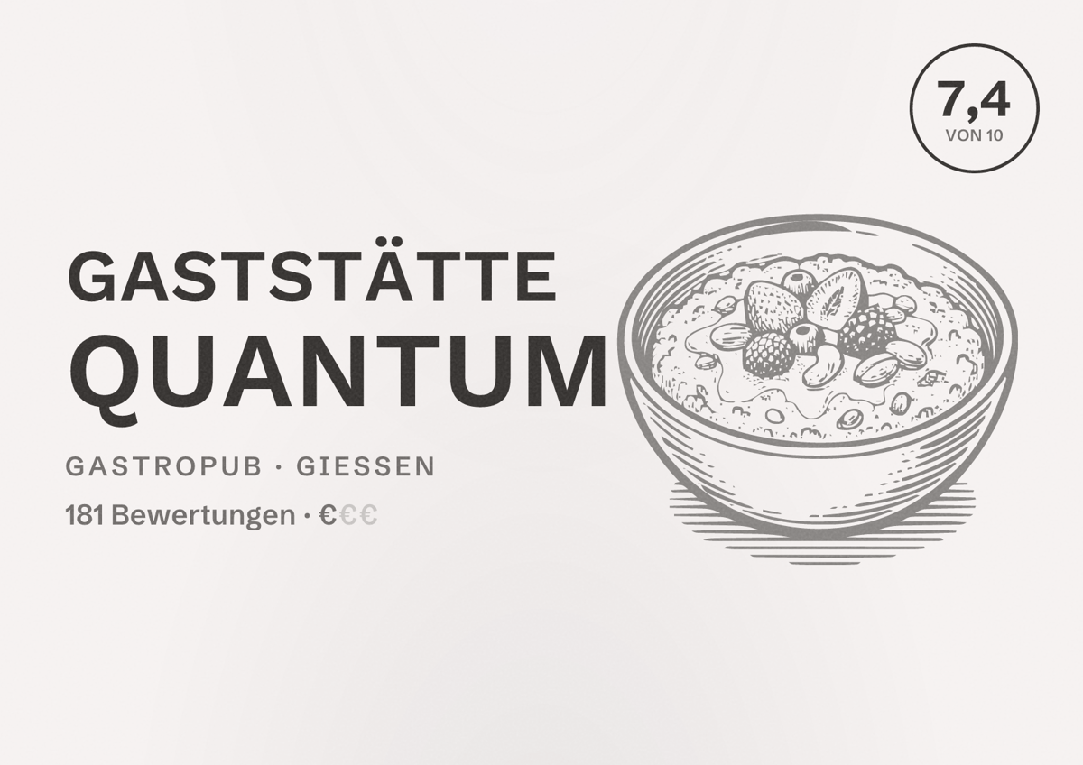 Illustriertes Poster von Gaststätte Quantum, Gastropub in Gießen: Bewertung 7,4 von 10 aus 181 Bewertungen, Preisniveau €