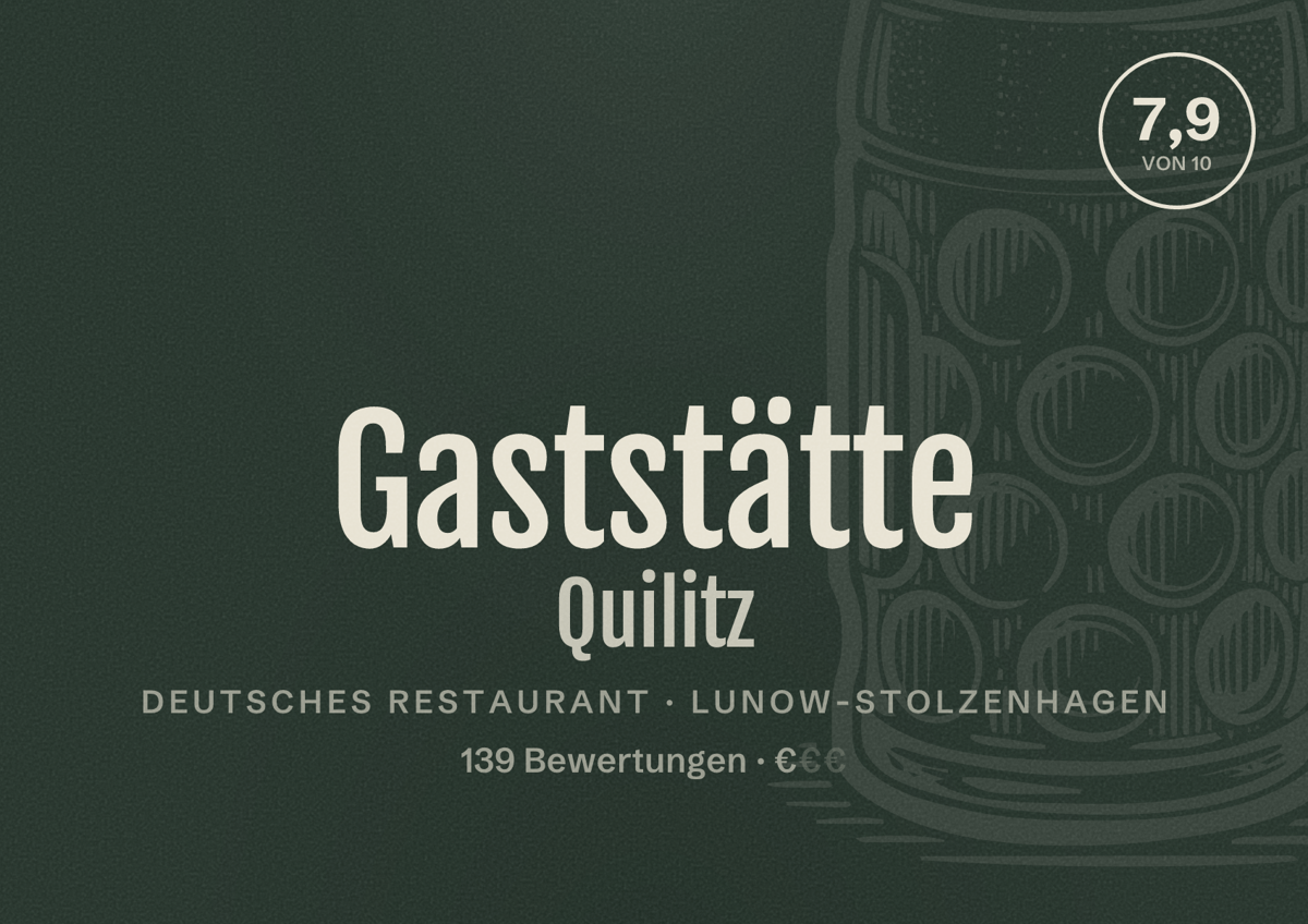 Illustriertes Poster von Gaststätte Quilitz, Deutsches Restaurant in Lunow-Stolzenhagen: Bewertung 7,9 von 10 aus 139 Bewertungen, Preisniveau €