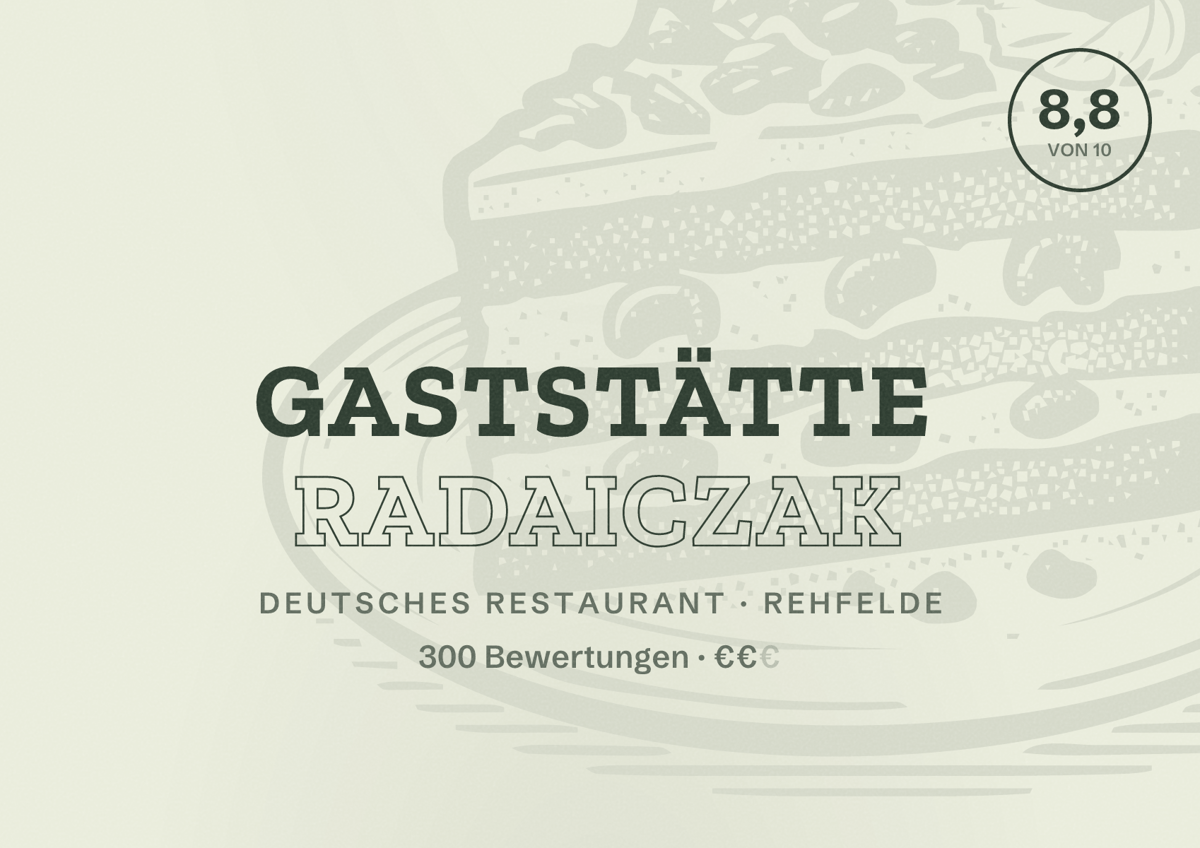 Illustriertes Poster von Gaststätte Radaiczak, Deutsches Restaurant in Rehfelde: Bewertung 8,8 von 10 aus 300 Bewertungen, Preisniveau €€