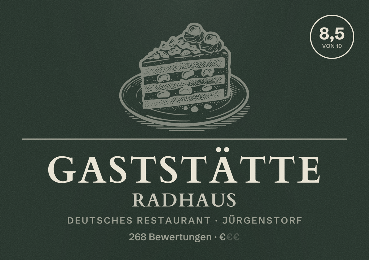 Illustriertes Poster von Gaststätte Radhaus, Deutsches Restaurant in Jürgenstorf: Bewertung 8,5 von 10 aus 268 Bewertungen, Preisniveau €