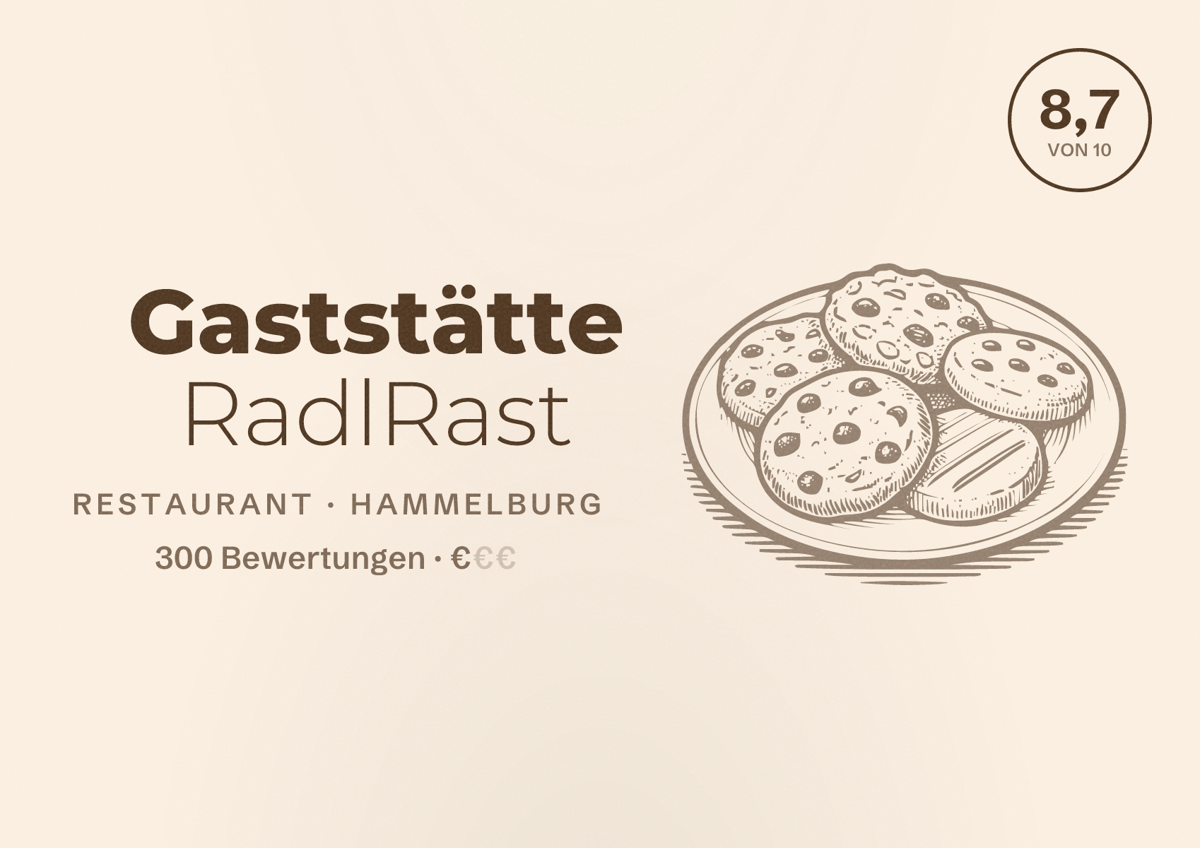 Illustriertes Poster von Gaststätte RadlRast, Restaurant in Hammelburg: Bewertung 8,7 von 10 aus 300 Bewertungen, Preisniveau €