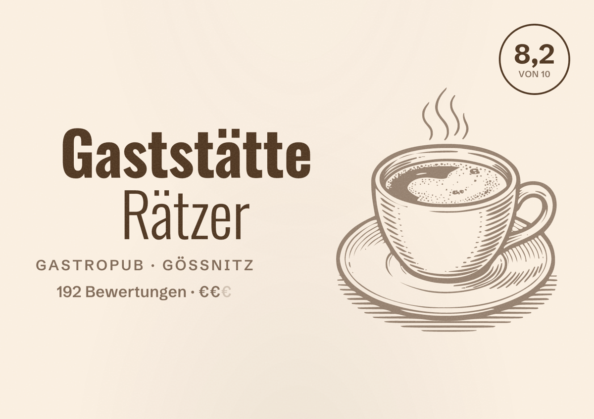 Illustriertes Poster von Gaststätte Rätzer, Gastropub in Gößnitz: Bewertung 8,2 von 10 aus 192 Bewertungen, Preisniveau €€
