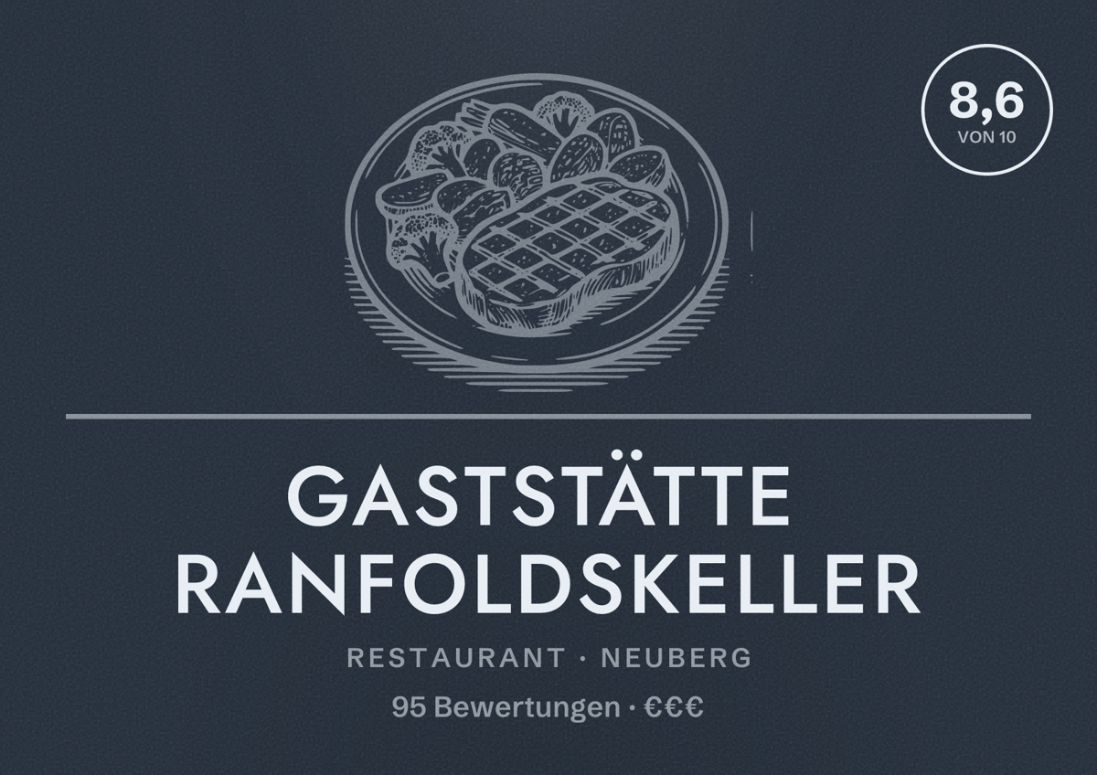 Illustriertes Poster von Gaststätte Ranfoldskeller, Restaurant in Neuberg: Bewertung 8,6 von 10 aus 95 Bewertungen, Preisniveau €€€