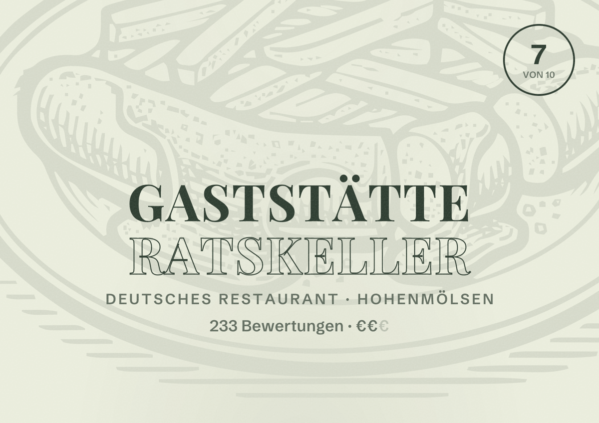 Illustriertes Poster von Gaststätte Ratskeller, Deutsches Restaurant in Hohenmölsen: Bewertung 7 von 10 aus 233 Bewertungen, Preisniveau €€