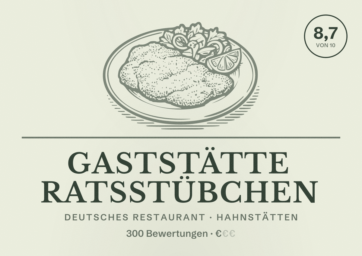 Illustriertes Poster von Gaststätte Ratsstübchen, Deutsches Restaurant in Hahnstätten: Bewertung 8,7 von 10 aus 300 Bewertungen, Preisniveau €