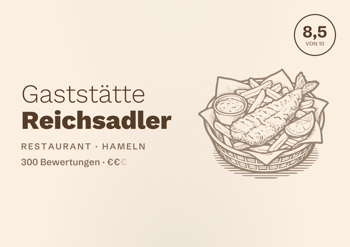 Illustriertes Poster von Gaststätte Reichsadler, Restaurant in Hameln: Bewertung 8,5 von 10 aus 300 Bewertungen, Preisniveau €€