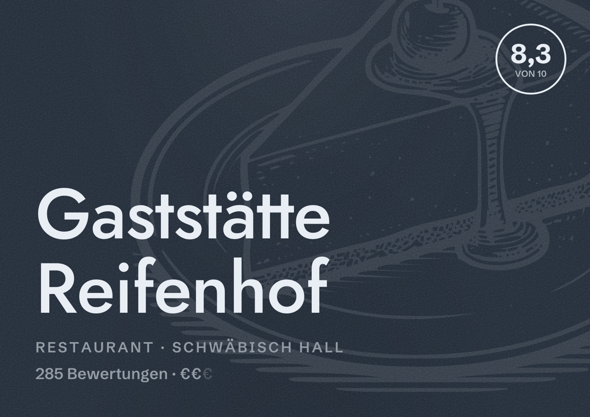 Illustriertes Poster von Gaststätte Reifenhof, Restaurant in Schwäbisch Hall: Bewertung 8,3 von 10 aus 285 Bewertungen, Preisniveau €€