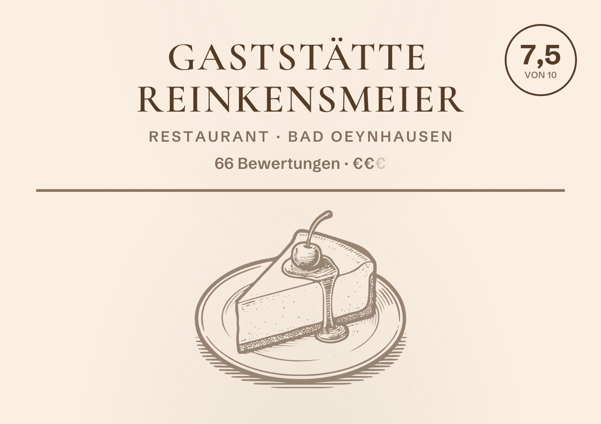 Illustriertes Poster von Gaststätte Reinkensmeier, Restaurant in Bad Oeynhausen: Bewertung 7,5 von 10 aus 66 Bewertungen, Preisniveau €€