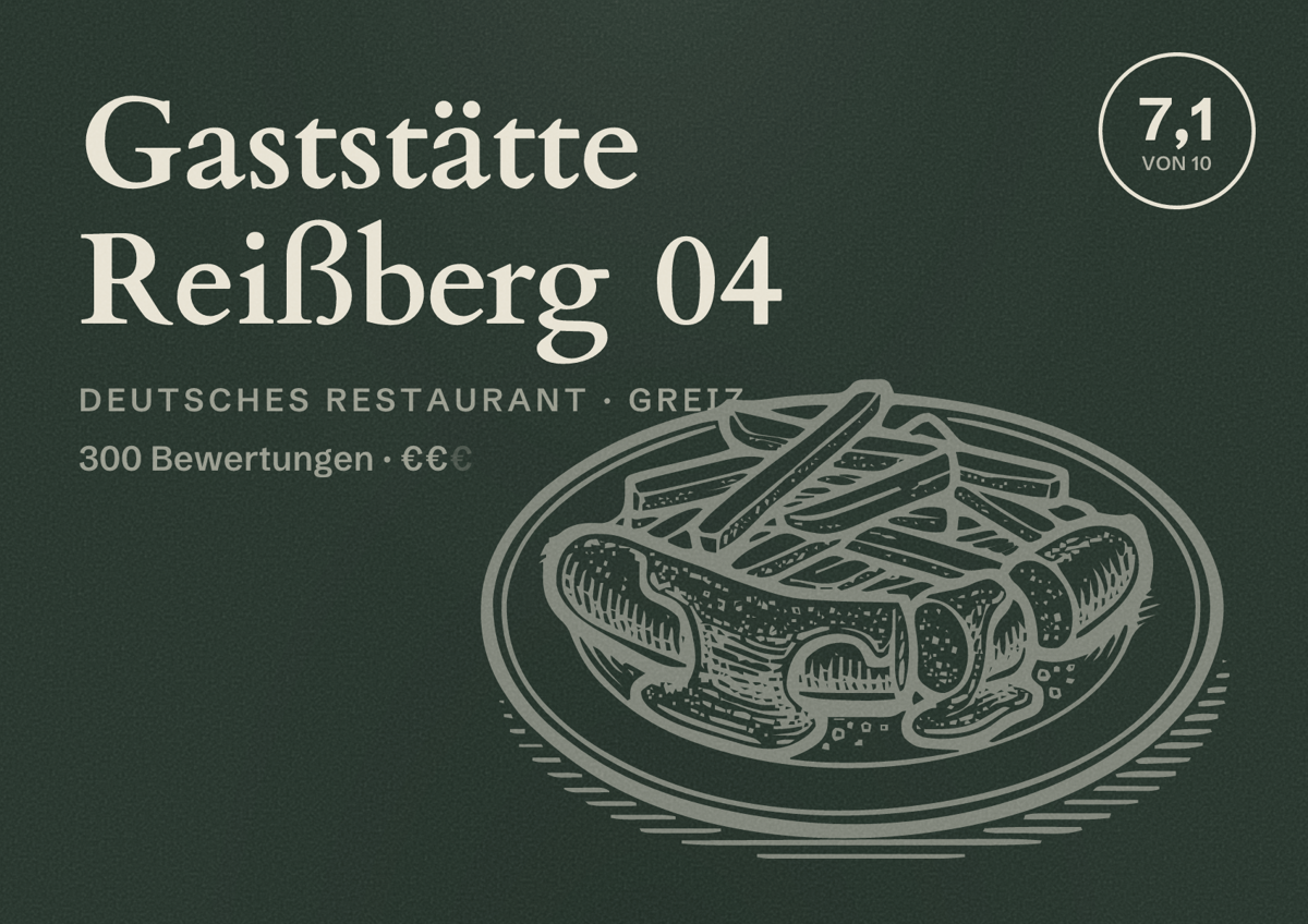 Illustriertes Poster von Gaststätte Reißberg 04, Deutsches Restaurant in Greiz: Bewertung 7,1 von 10 aus 300 Bewertungen, Preisniveau €€