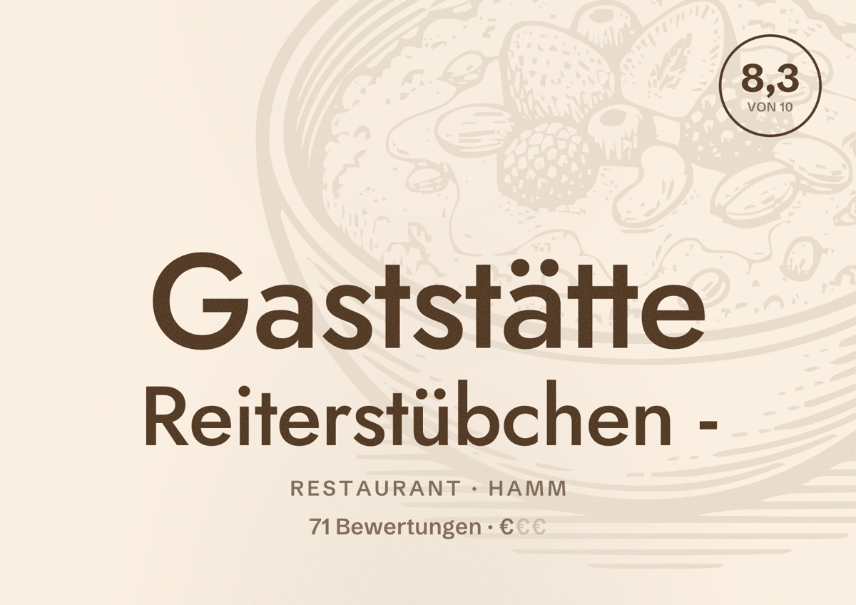 Illustriertes Poster von Gaststätte Reiterstübchen -, Restaurant in Hamm: Bewertung 8,3 von 10 aus 71 Bewertungen, Preisniveau €