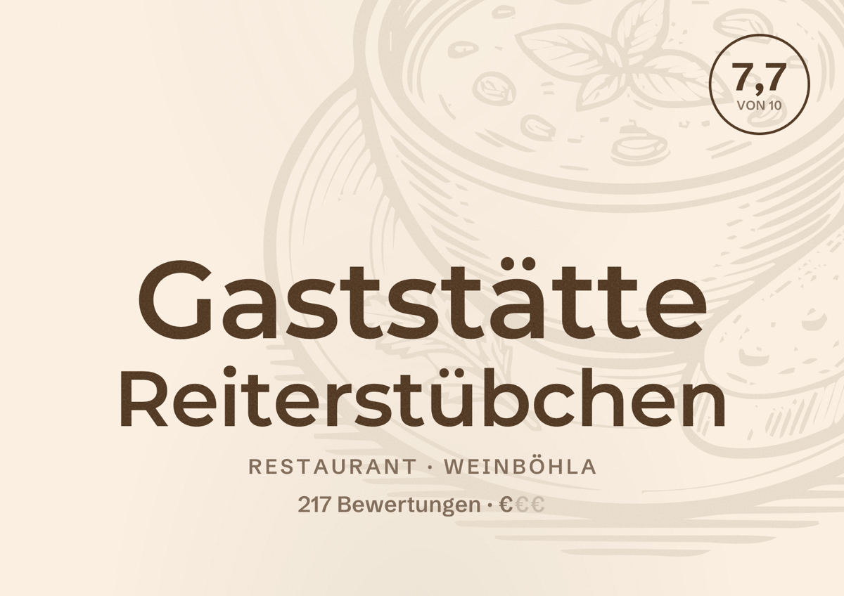 Illustriertes Poster von Gaststätte Reiterstübchen, Restaurant in Weinböhla: Bewertung 7,7 von 10 aus 217 Bewertungen, Preisniveau €