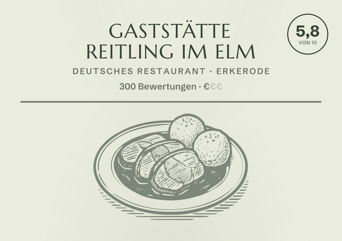 Illustriertes Poster von Gaststätte Reitling im Elm, Deutsches Restaurant in Erkerode: Bewertung 5,8 von 10 aus 300 Bewertungen, Preisniveau €