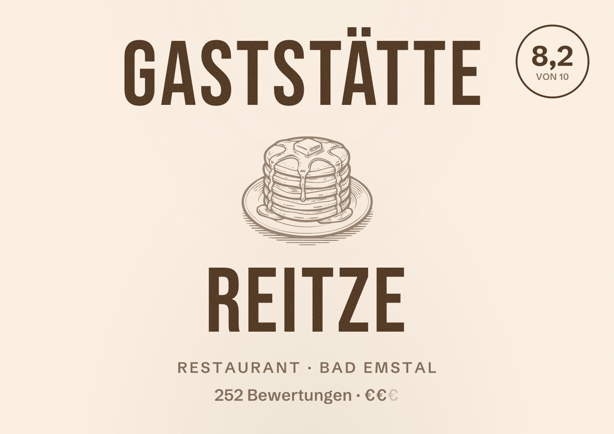 Illustriertes Poster von Gaststätte Reitze, Restaurant in Bad Emstal: Bewertung 8,2 von 10 aus 252 Bewertungen, Preisniveau €€