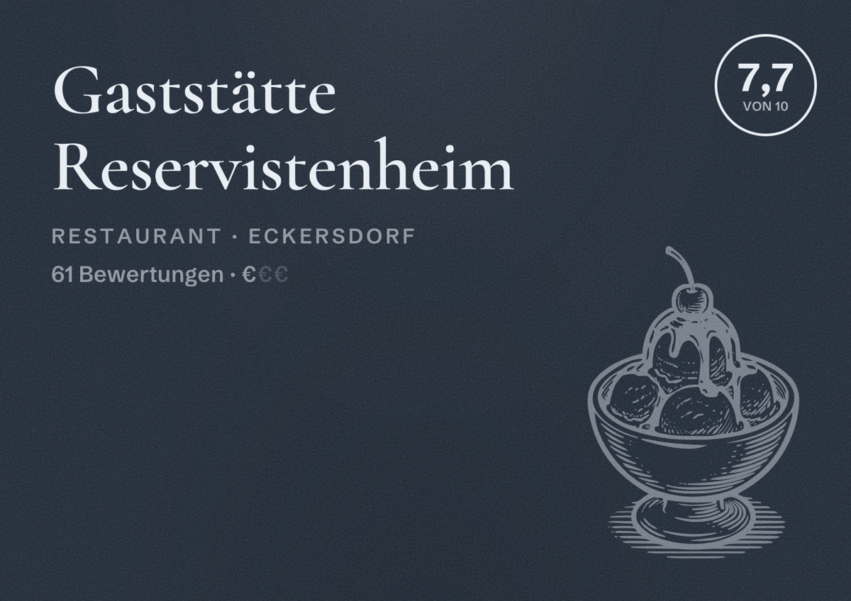 Illustriertes Poster von Gaststätte Reservistenheim, Restaurant in Eckersdorf: Bewertung 7,7 von 10 aus 61 Bewertungen, Preisniveau €