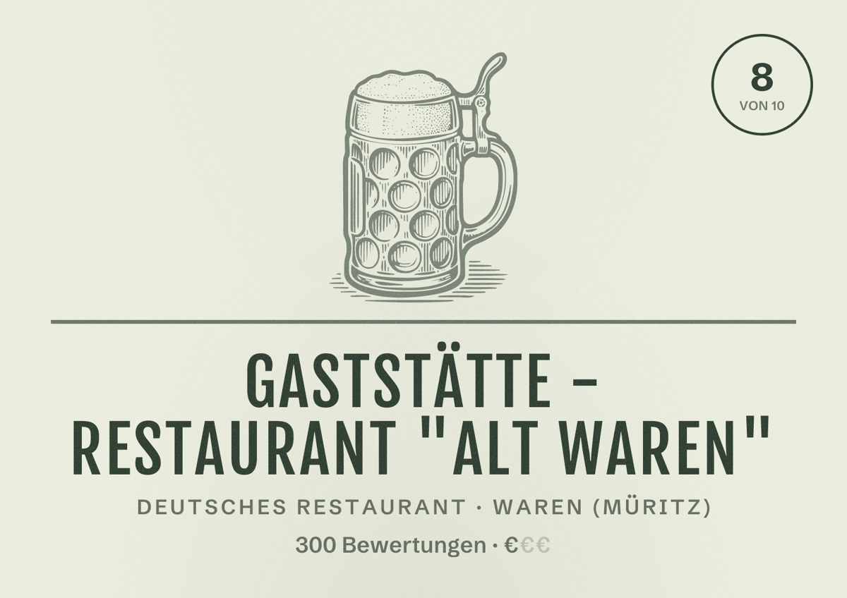 Illustriertes Poster von Gaststätte - Restaurant "Alt Waren", Deutsches Restaurant in Waren (Müritz): Bewertung 8 von 10 aus 300 Bewertungen, Preisniveau €