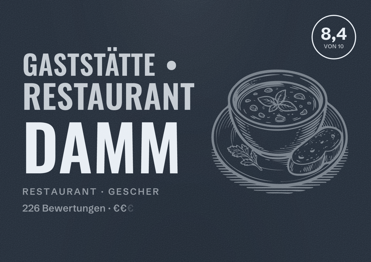 Illustriertes Poster von Gaststätte • Restaurant Damm, Restaurant in Gescher: Bewertung 8,4 von 10 aus 226 Bewertungen, Preisniveau €€