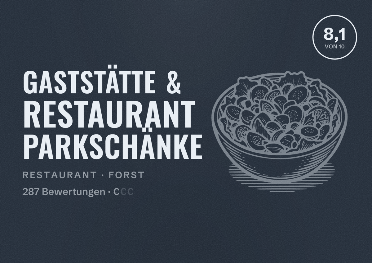 Illustriertes Poster von Gaststätte & Restaurant Parkschänke, Restaurant in Forst: Bewertung 8,1 von 10 aus 287 Bewertungen, Preisniveau €