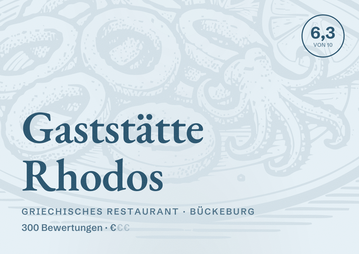 Illustriertes Poster von Gaststätte Rhodos, Griechisches Restaurant in Bückeburg: Bewertung 6,3 von 10 aus 300 Bewertungen, Preisniveau €